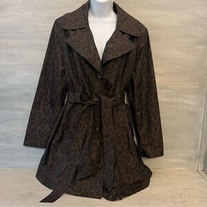 Dana Buchman Brown Black Cheetah Print Tailored Tie Front Raincoat Jacket L GC